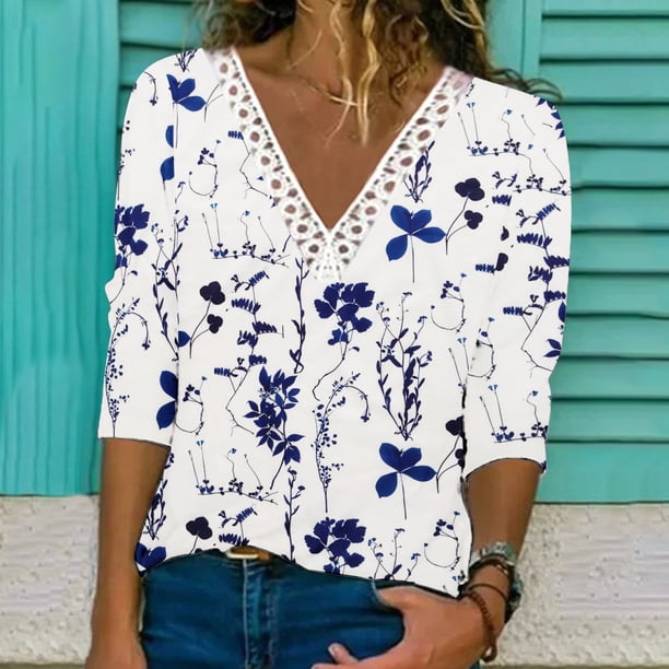 Puntoco - Blusa de manga larga con encaje estampado a la moda para mujer, tops casuales con cuello en V Puntoco Puntoco-6814