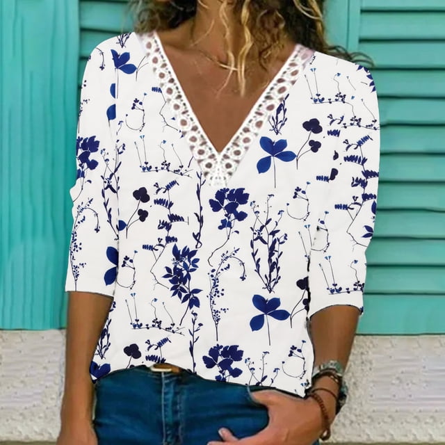 Pntutb - Blusa de manga larga con encaje estampado a la moda para mujer, tops casuales con cuello en V Pntutb Pntutb-6814