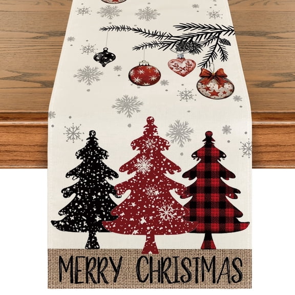 Smile Red Pine Trees Merry Christmas Table Runner, Winter Xmas Holiday Kitchen Dining Table Decoration for Home Party Decor 13x72 Inch