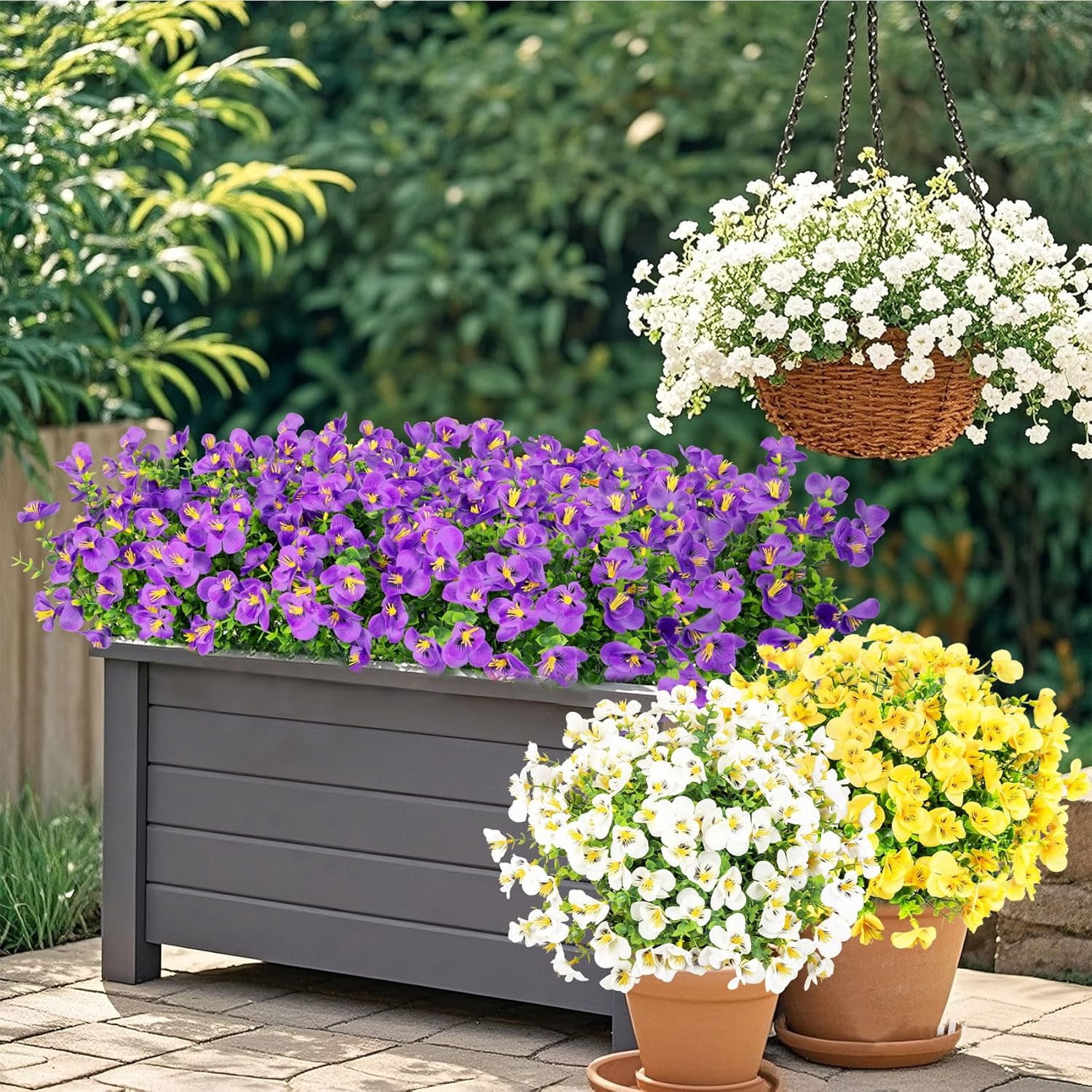 XEAZON Artificial Pansy Flowers, 12 Bundles Fake Silk Pansies Flowers, UV Resistant Silk Faux Plants for Outside Planter Window Box Front Door Porch Yard Home Party Decoration (Purple)