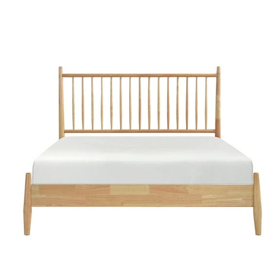 Natural Wood Queen Platform Bed Mid-century Modern Style, Bedroom Furniture With Headboard And Slats, No Box Spring Required Size Wooden Bed, Finish For Bedroom, Headboard, Slats Rails,