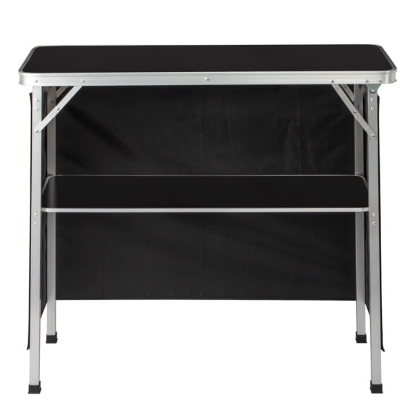 Portable Folding Bar Table with Shelf, Tradeshow Podium Table with Black Skirt and Carrying Bag, for Indoor Outdoor Party Picnic Exhibition