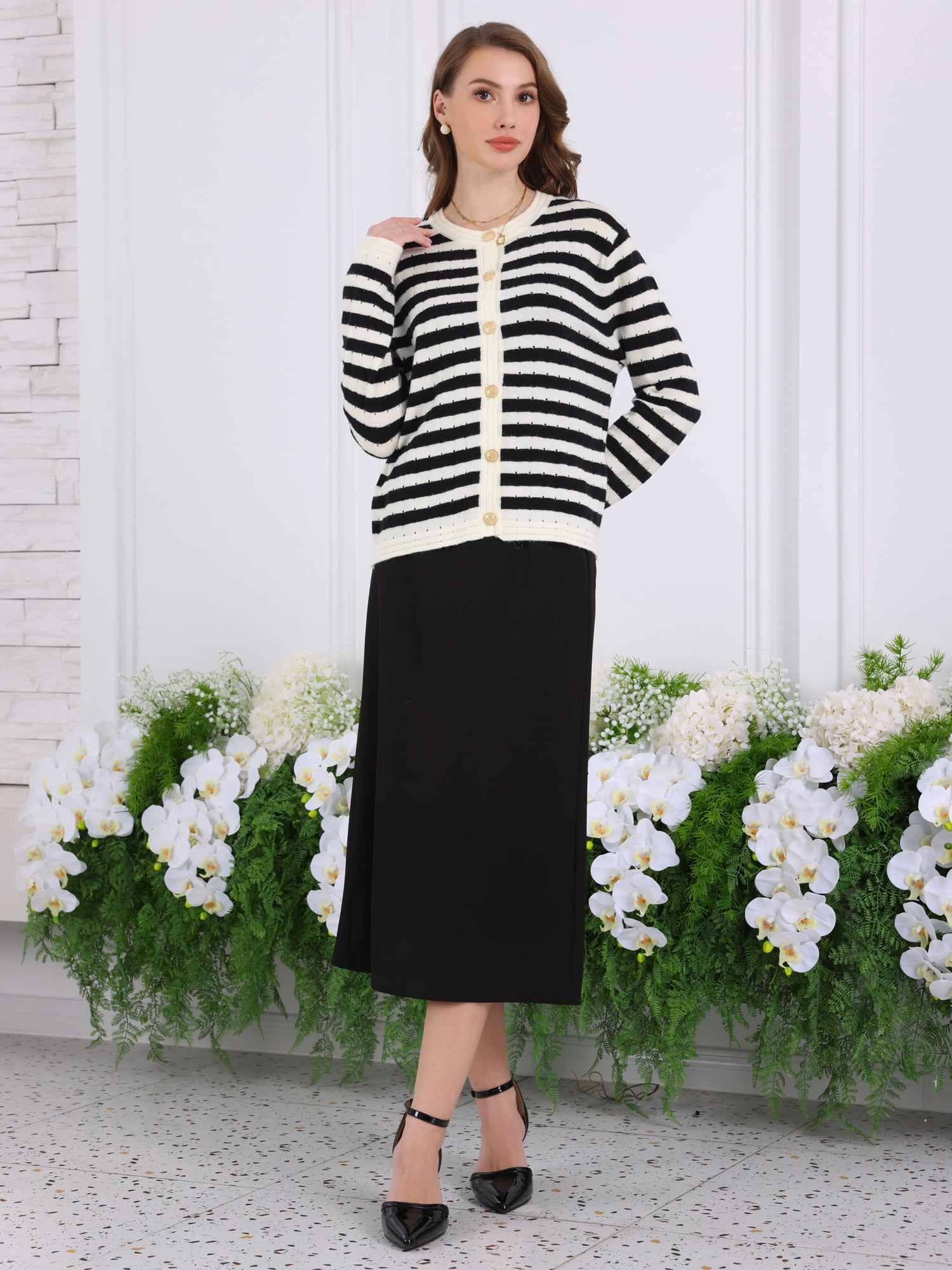 DARING DIVA Women's Striped Knit Long Sleeve Button Down Cardigan S Black