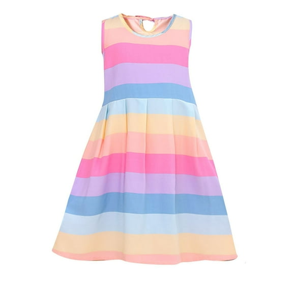 MHZLDYZ Girls Summer Dress Summer New Colorful Stripe Sleeveless Strap Round Neck Girls' Soft Comfortable Fashion Casual Dress Dresses for Girls 10-12 (Hot Pink,100)