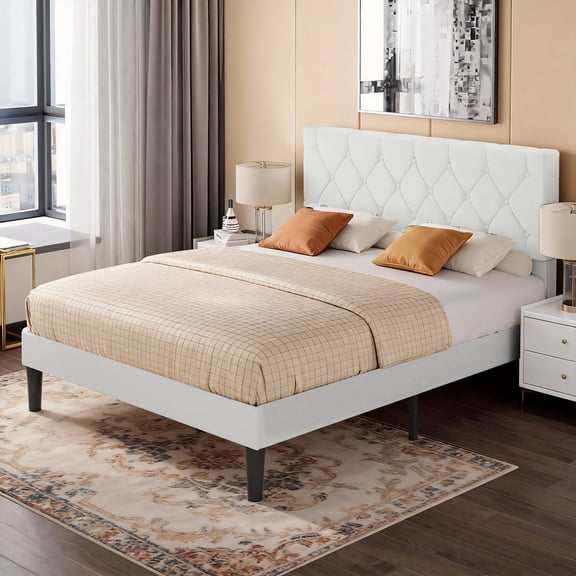 VECELO Queen Size Platform Bed Frame Upholstered Beds with Height-Adjustable Linen Button Tufted Headboard, Bed Frame, White