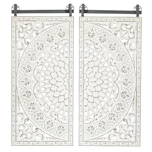 Set of 2 Distressed Ivory White Wood Flower Wall Decor