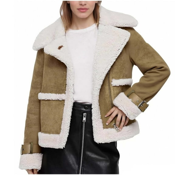 Faux Leather Jacket for Women Warm Winter Long Sleeve Sherpa Coat with Shearling Lining Khaki S