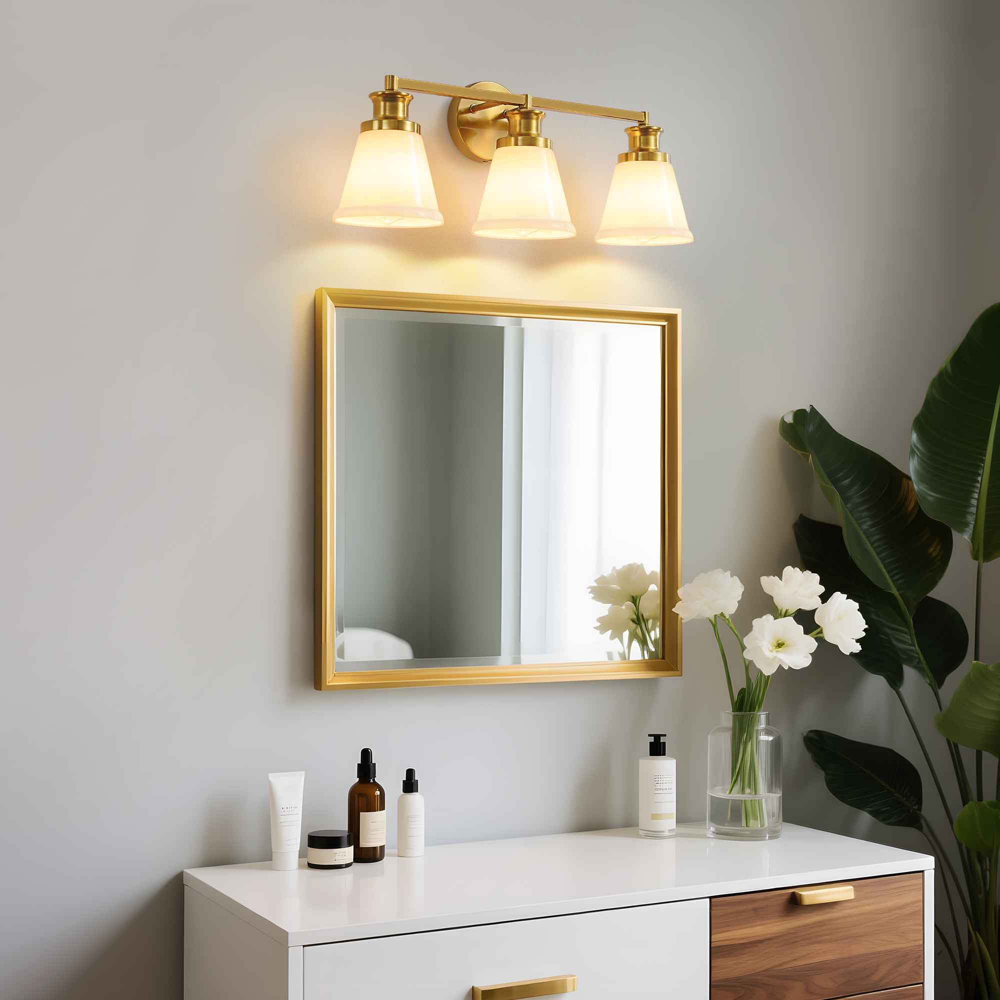 Bathroom Vanity Light Fixtures 3 Lights Modern Bathroom Lighting Fixtures Over Mirror with Frosted Milky Glass Shade Gold Wall Sconce for Bath Bedroom