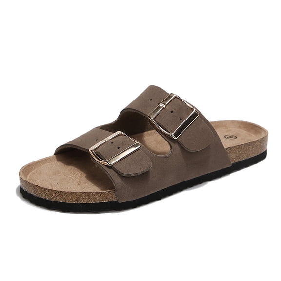 Pennysue Women's Cork Footbed Slide Sandals Light Brown Adjustable Buckle Slipper Shoes with Arch Support 8M