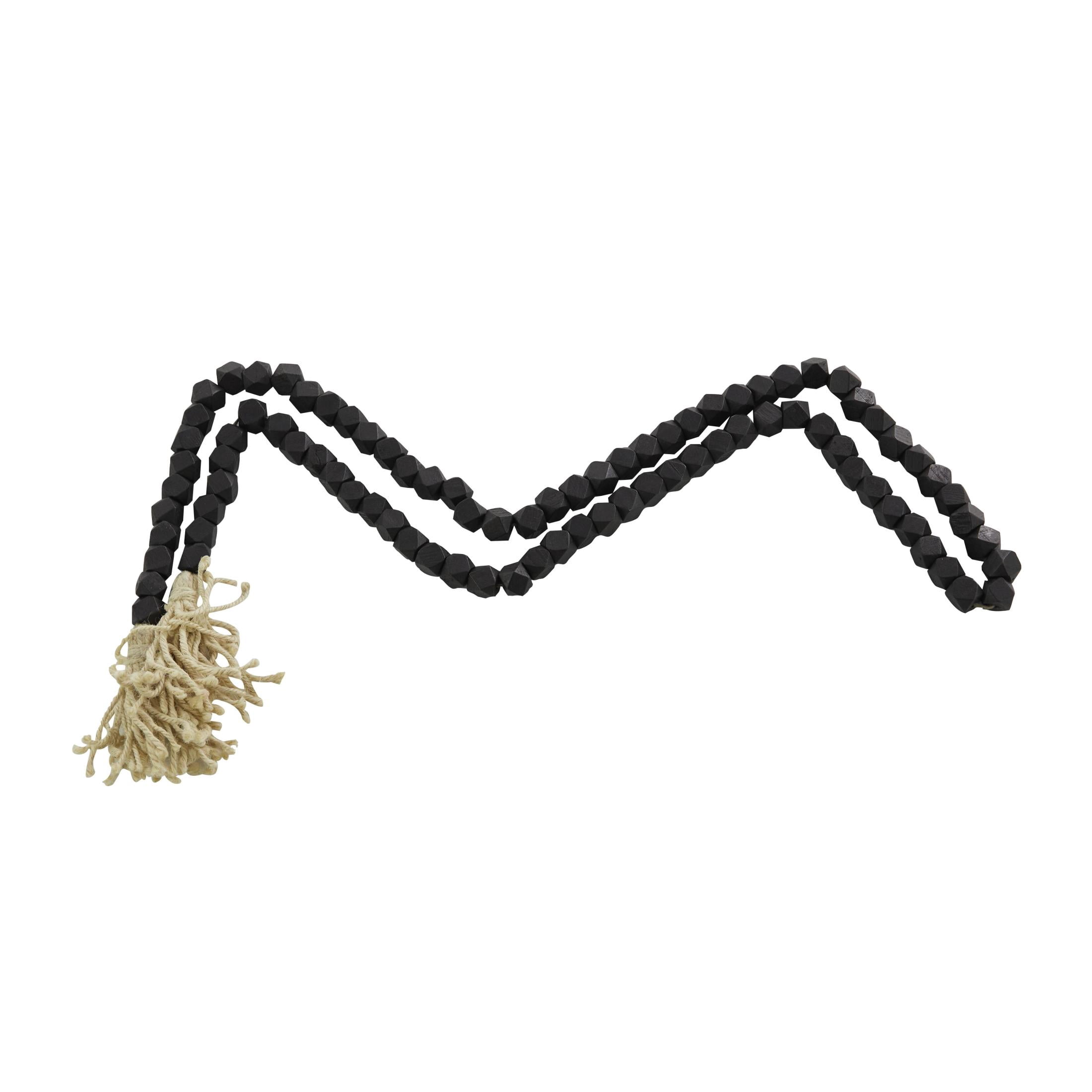 DecMode Black/Gray Wood Bohemian Garland Décor with Geometric Bead Details and Cream Cotton Tassel, 81"L