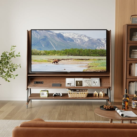 KASLANDI Wood Rolling TV Stand with Wheels up to 65", Media Console TV Cart, Monitor Floor Mount Stand entertainment center, Mobile open Storage Stand with Outlet and Shelves