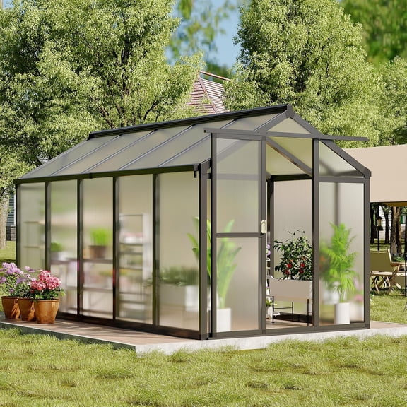 Walk-In Greenhouse Heavy Duty Polycarbonate, Large Aluminum Outdoor Greenhouse 6x8 FT with Roof Vent & Lockable Door, Easy Assembly, Dark Grey
