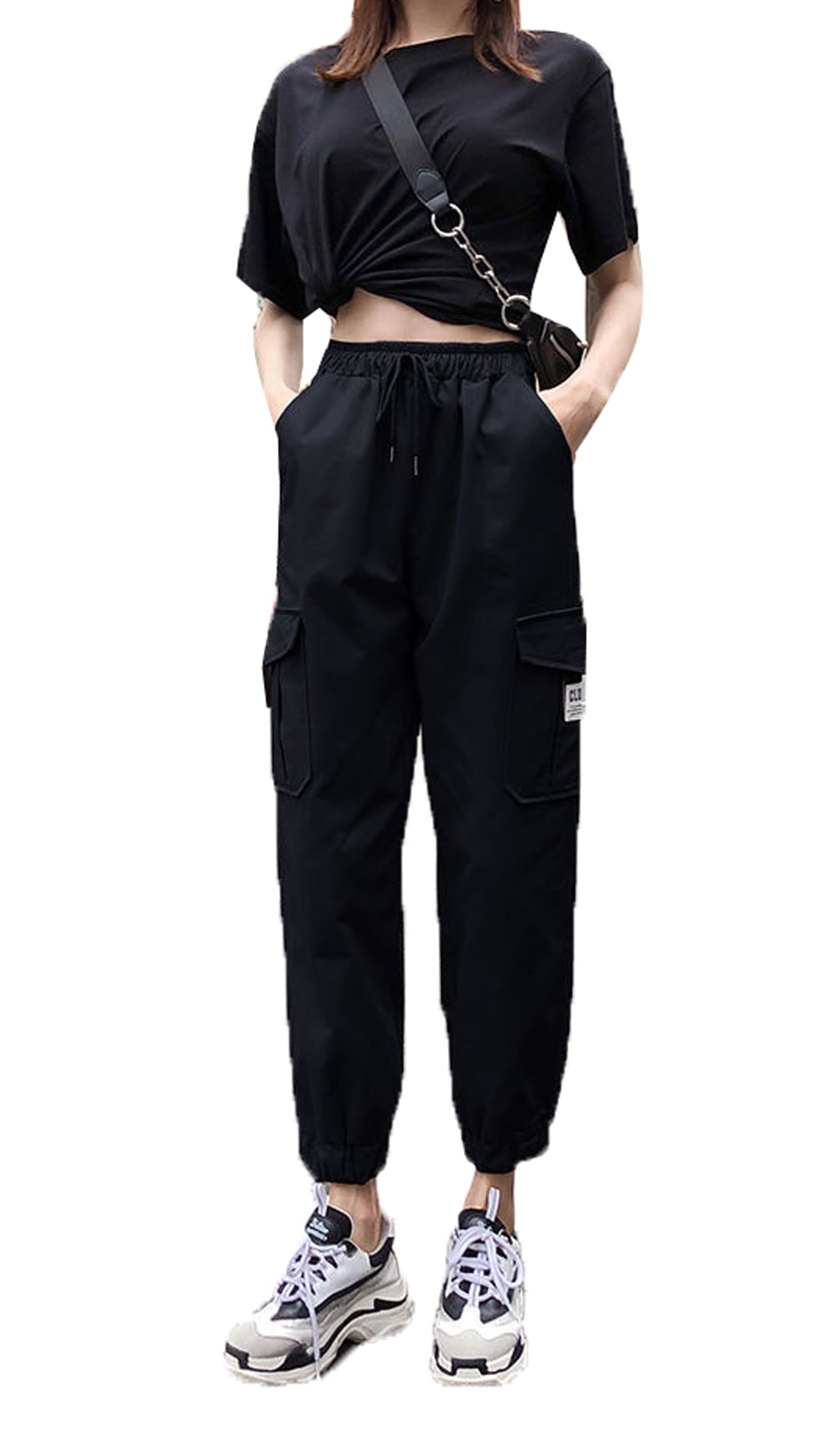 Fanvereka Women Girl Cargo Pants Pockets High Waist Drawstring Baggy