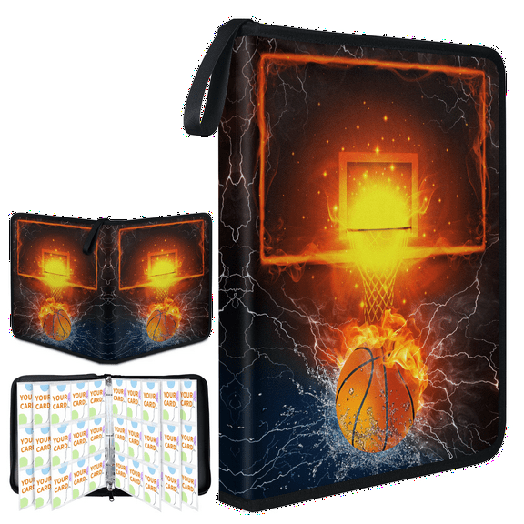 Basketball Card Binder, 4 Pocket PU Leather Trading Card Holder with Zipper Closure, Holds 400 Cards, Sports Card Organizer with 50 Removable Sleeves for Collectors