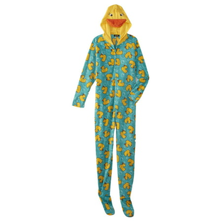 Womens Blue Yellow Duckie Blanket Sleeper Duck Pajama Hooded Union Suit