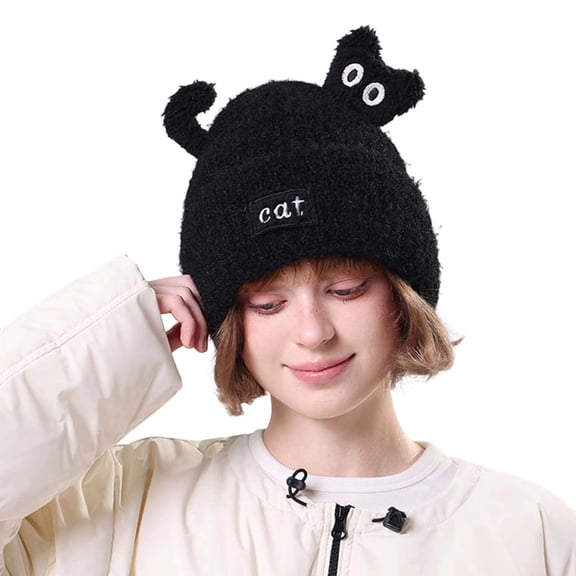 Bibifish Womens Black Cat Shape Fluffy Beanie Hat With Cat Patch Ear Flaps Soft Fleece Lined Cozy Warm Hat Winter Casual Wear Funny Stylish Hats