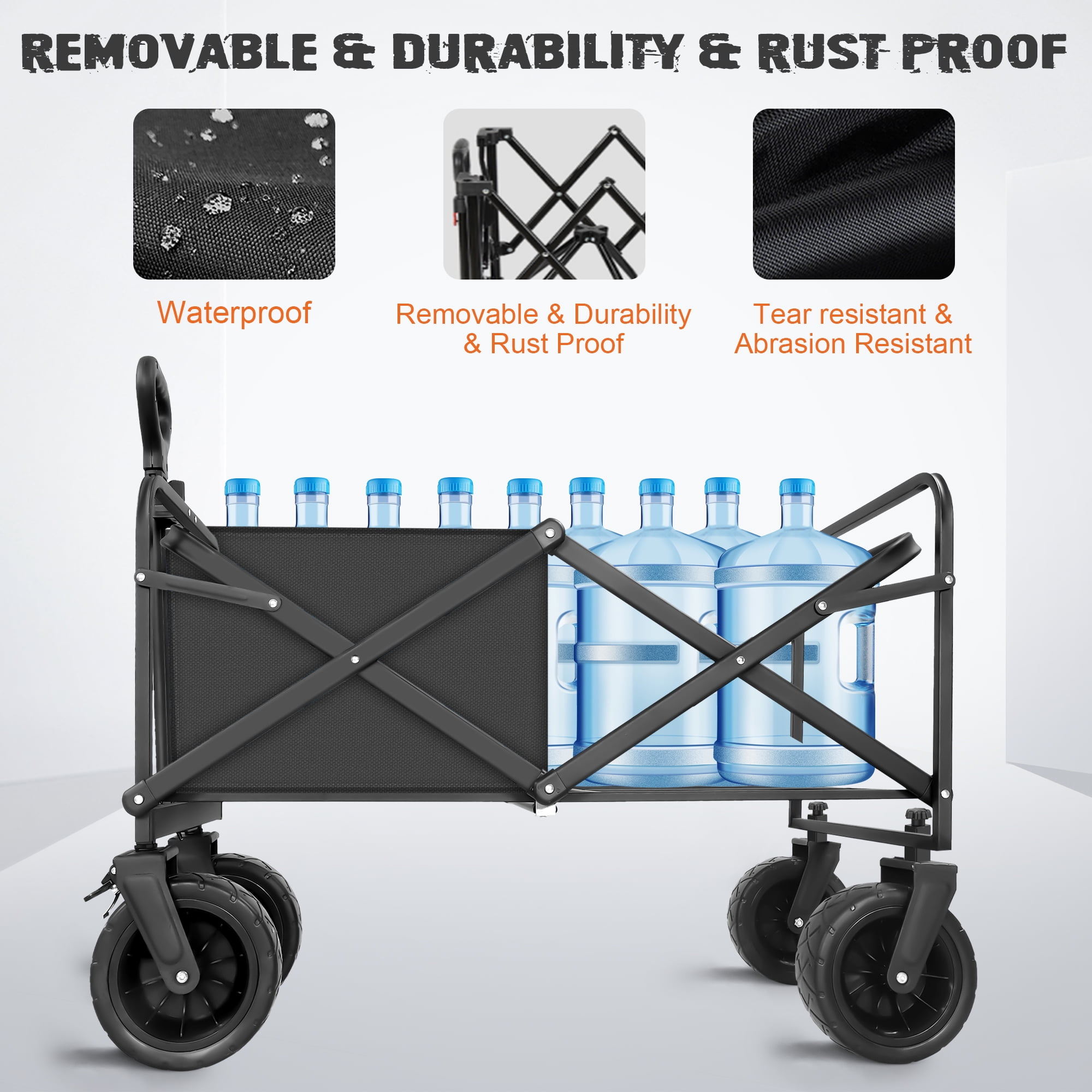 Qunler 560lbs Collapsible Folding Wagon, Big Bucket Beach Cart,  Heavy Duty Large Capacity Garden Wagon with Multi-Terrain Brake Wheels for Outdoor Camping, Shopping, Sports, Grocery, Kids, Black