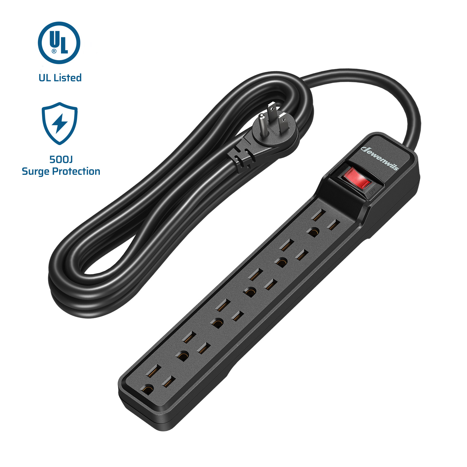 DEWENWILS 6-Outlet Surge Protector with 10ft Extension Cord