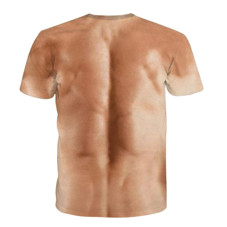 Men's 3D T-Shirt Bodybuilding Simulated Muscle Shirt Nude Skin Chest Muscle  Tee Shirt Short-Sleeve 2XL 