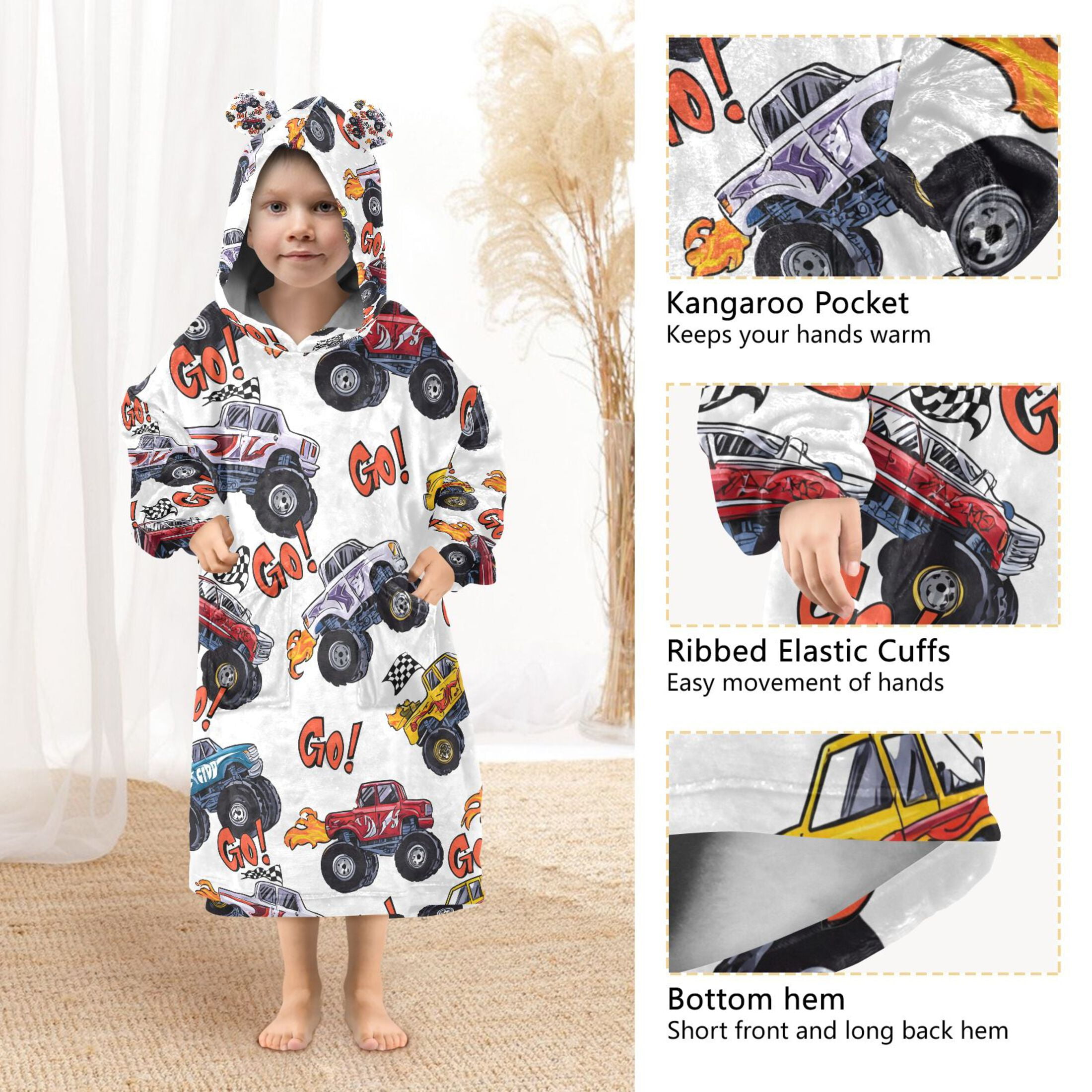joogoo Wearable Blanket Hoodie Monster Trucks for Flannel Sherpa Pocket 3-14 YR S