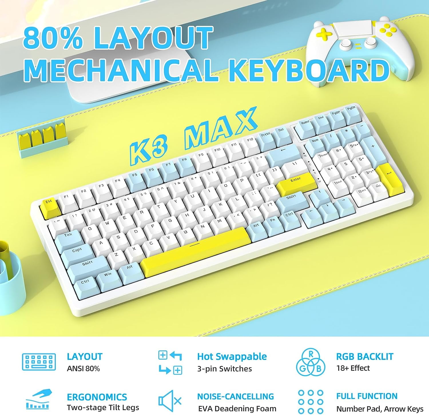 ZIYOULANG K3MAX Wired Gaming Keyboard, Apex Pro TKL Mechanical Keyboard 75% with 18 RGB LED Backlit, Compact Retro Keyboard Hot Swappable 100 Keys, Anti-ghosting MX Linear Red Switch, for Win/Mac