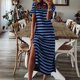 thumbnail image 1 of WILLBEST Vestidos con Curvas para Mujer, Vestido Largo de Verano A Rayas, Manga Corta, Cuello En V, Informal, Suelto, Largo, para Playa, con Abertura Extra Grande, 1 of 3