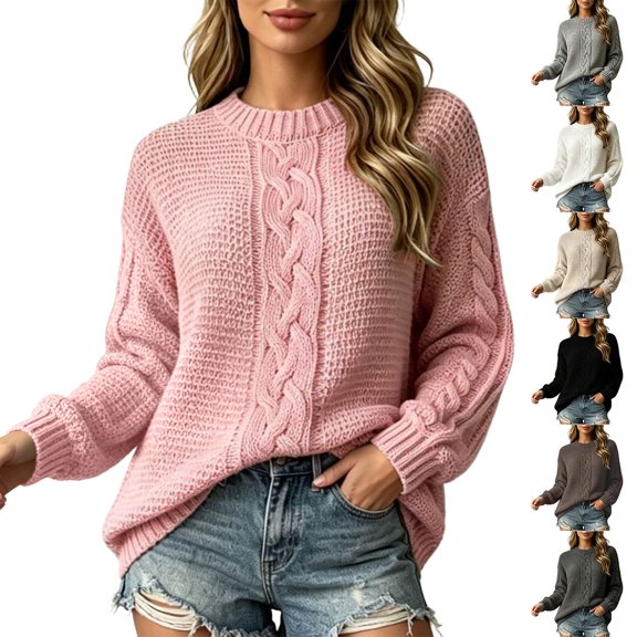 Tqcoqu Womens Fall Oversized Cable Knit Chunky Loose Fit Sweaters Tops, Long Sleeve Crew Neck Casual Pullover Tops,Women's S-XXXL