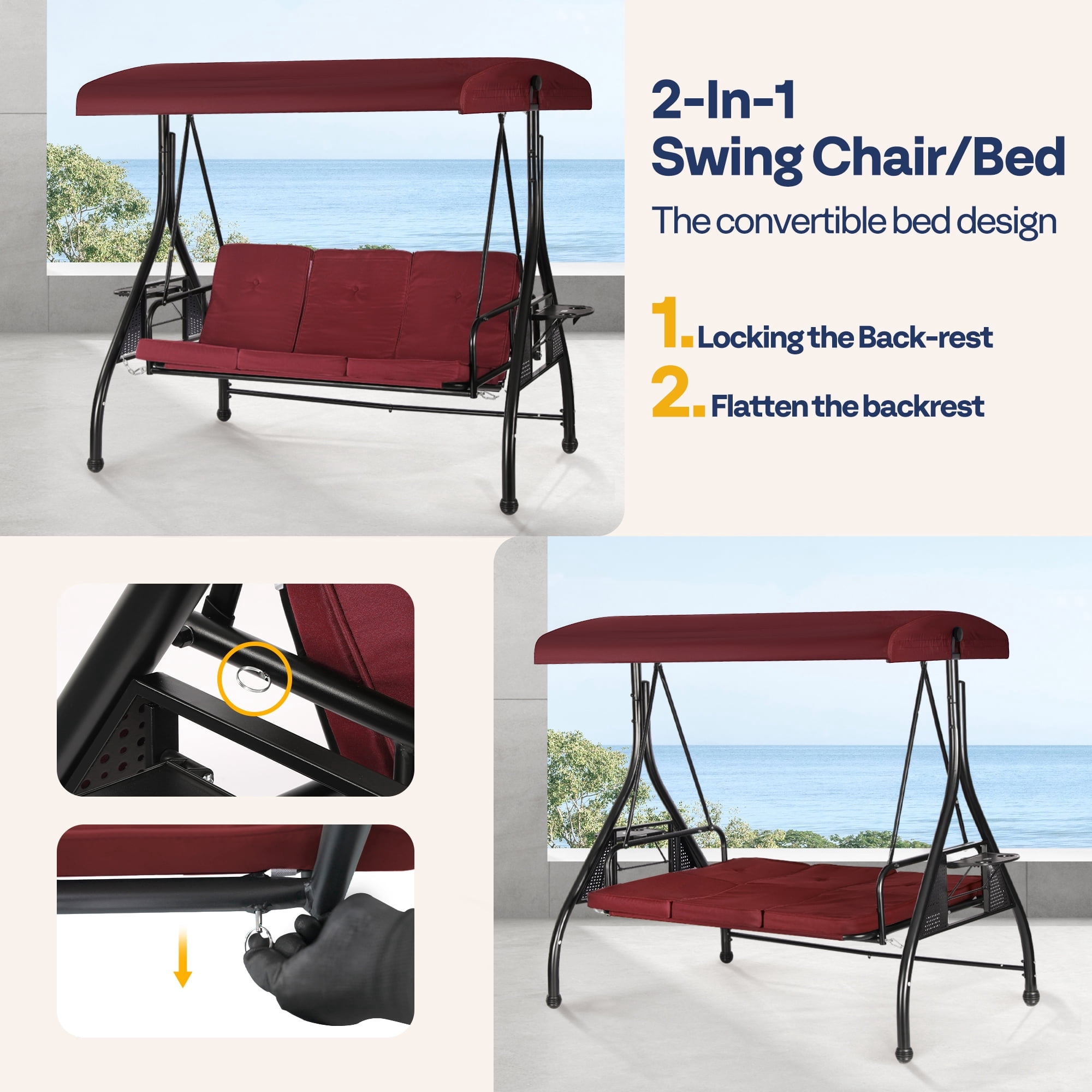SPECSTAR 3 Seats Patio Swing Chair, Outdoor Converting Canopy Swing Chair w/ Removable Cushion,Swing Glider Hammock for Patio, Garden, Red