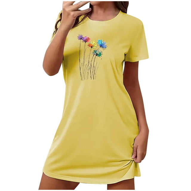 Chemise de Nuit à Manches Courtes pour Femmes Grande Taille, Robe de Nuit Col Rond Douce et Confortable avec Imprimé Poitrine, Chemise de Nuit Décontractée pour Dormir, Chemise de Nuit Coupe Décontractée pour la Maison