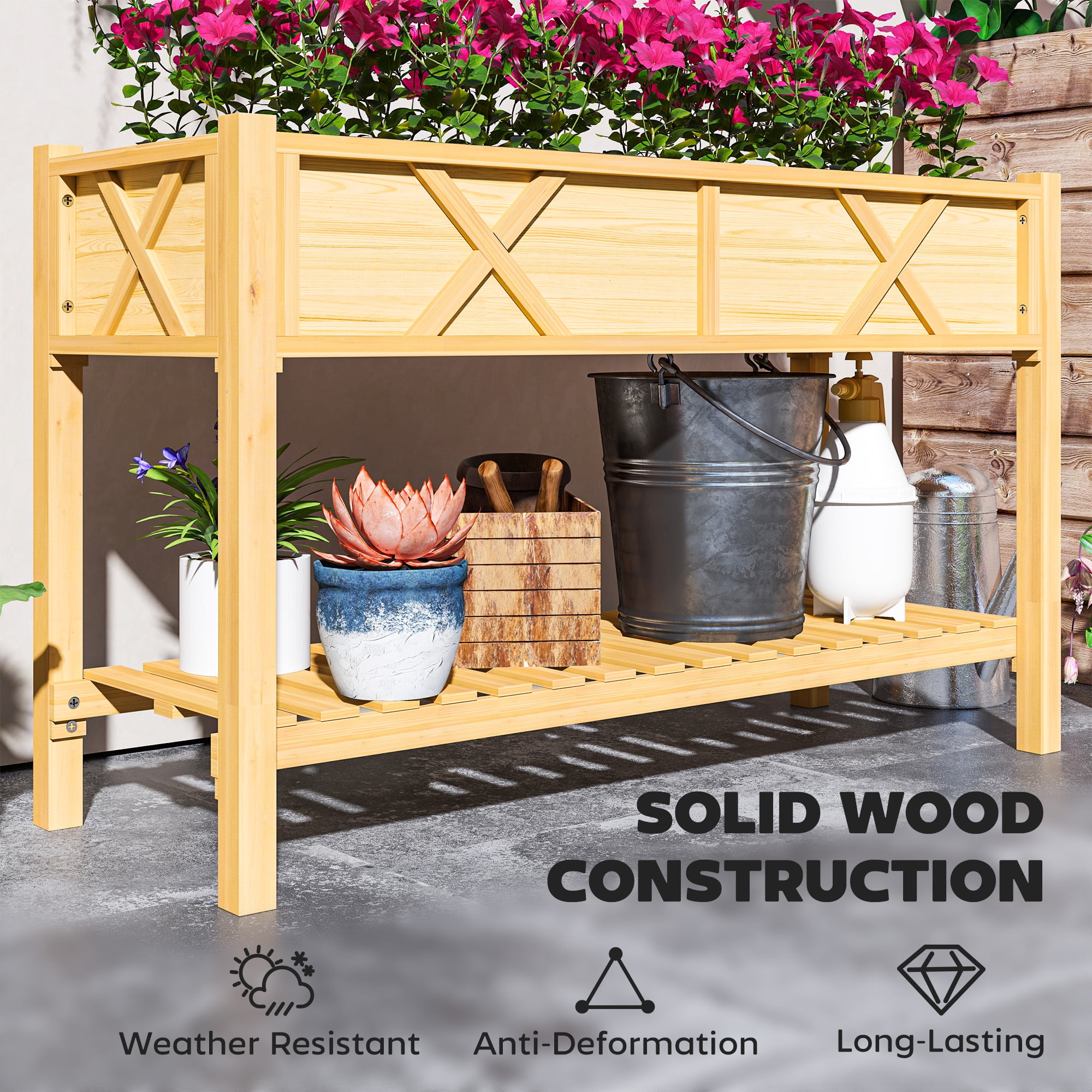 Dual-Tier Elevated Wood Planter Box, Raised Garden Bed with Storage Shelf, Drainage Holes and Liner