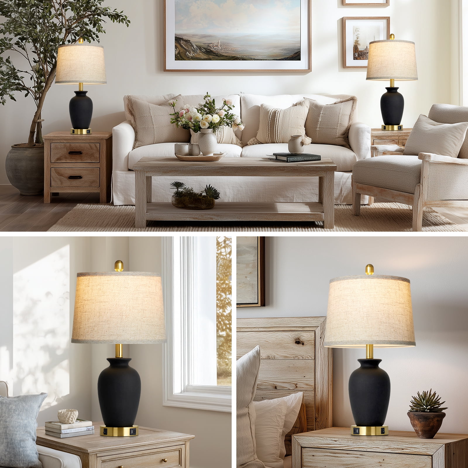 Lolikit Retro Black Ceramic Jar Table Lamps Set of 2 for Bedroom Living Room 23" Farmhouse Nightstand Bedside Lamp with USB A+C Ports