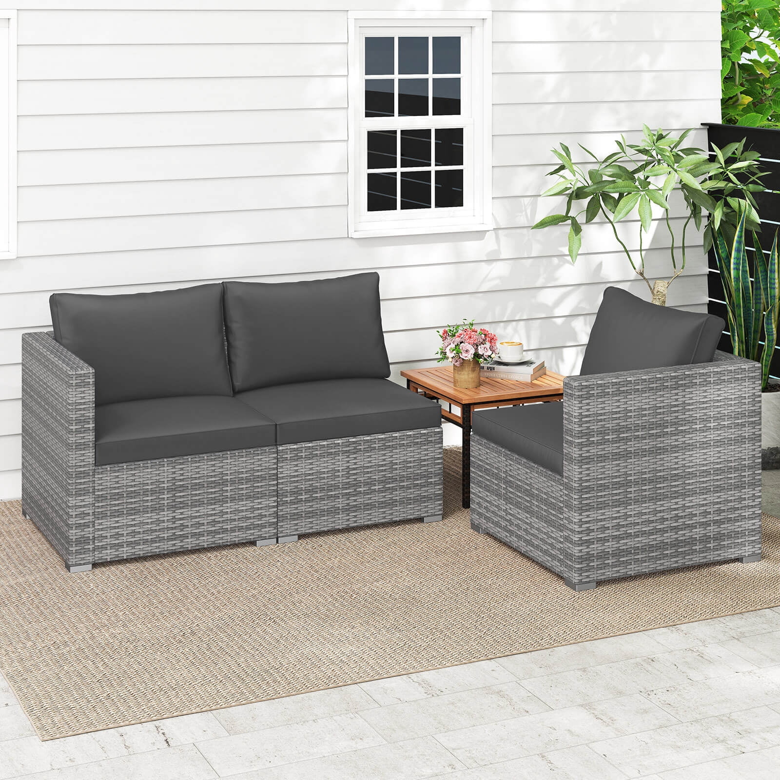 Costway 3PCS Patio Sectional Sofa Set, PE Rattan Modular Couch Furniture Set with Cushions Black + Mix Gray