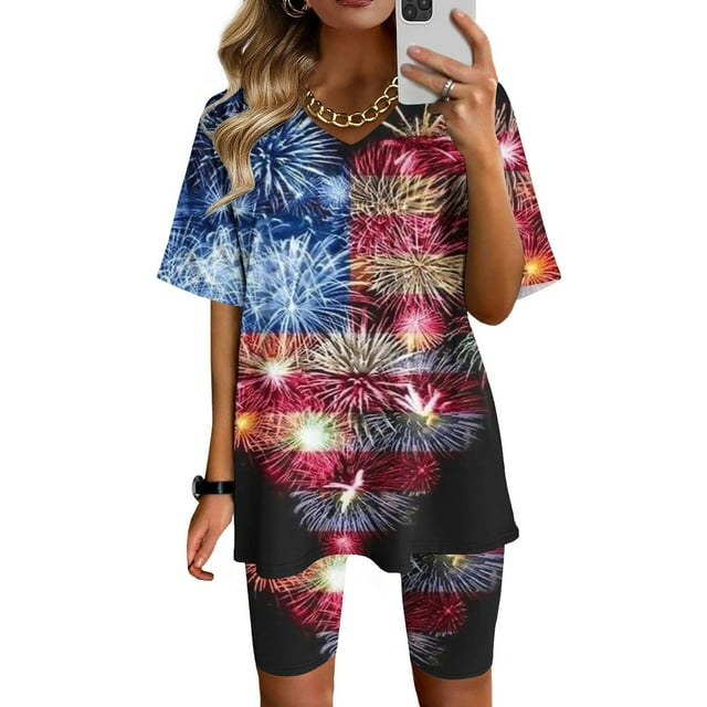 Ensembles d'Entraînement pour Femmes 2 Pcs Mode Blouse Col en V Manches Courtes Hauts Shorts Ensemble Décontracté Ensembles d'Entraînement pour Femmes en Liquidation