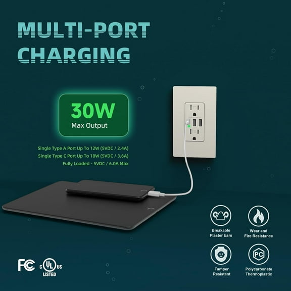 TG4THT-USB Outlets Receptacles, 3-Port USB-C Wall Outlet, 30W 6.0A USB Electrical Outlet, 15 Amp Tamper-Resistant Receptacle, UL & FCC Listed, Screwless Wall Plate Included, Light Almond