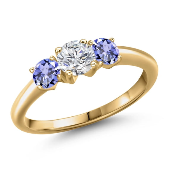 Gem Stone King 18K Yellow Gold Plated Silver Lab Grown Diamond and Blue Tanzanite Engagement Ring for Women | 1.10 Cttw | Round 5MM | Gemstone April Birthstone | Size 9