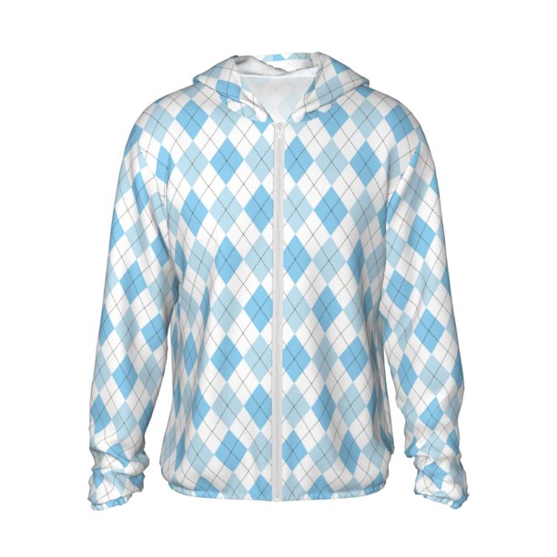 Fotbe Blue and White Squares Chaqueta con Protección Solar UPF 50+ para Hombre y Mujer, Camisa con Capucha y Bolsillos-Large