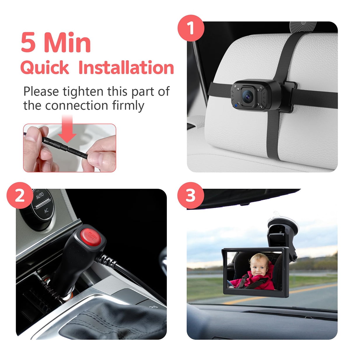 Baby Car Camera,Dual Channel 5''HD IPS Display with 2 IR Night Vision Monitor,Baby Car Mirror 1080P