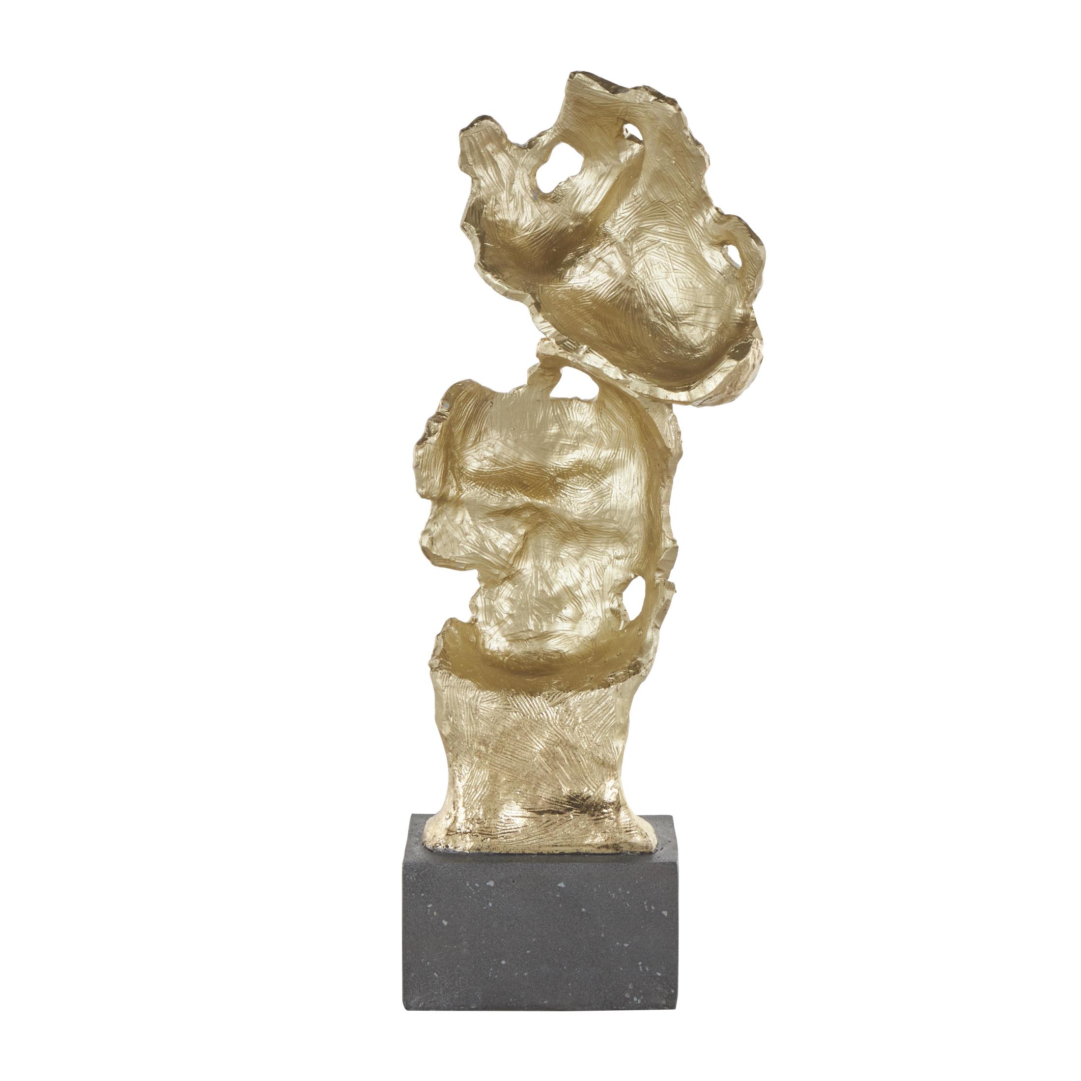 8" x 21" Gold Polystone Stacked Face Cutout Mask Sculpture with Black Block Base, by DecMode