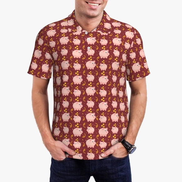 Bingfone Cute Pig with Coins for Men's Button-down POLO Shirts, Quick-drying Shirts and T-shirts for Summer, Suitable for Vacation and Business-Large