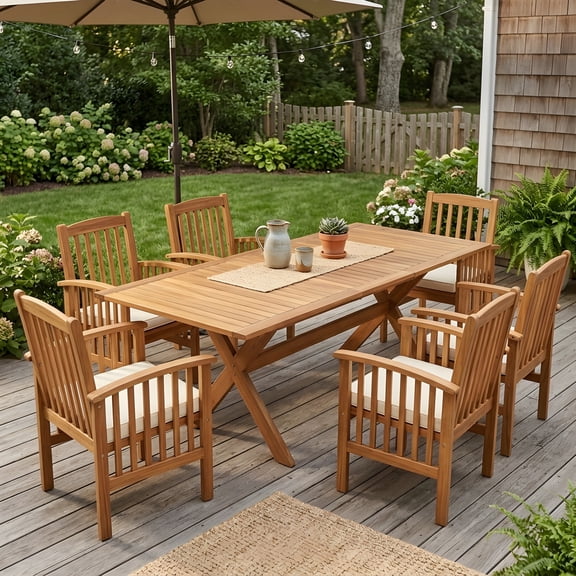 Christopher Knight Home 7-Piece Outdoor Wood Dining Set, Extendable Table with Chairs and Cushions, Teak Cream