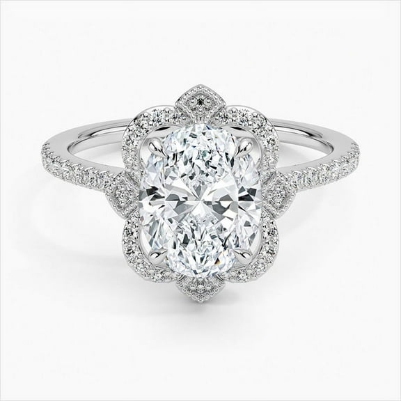 Empire Jewel 2 Ct Oval Cut Excellent Diamond Ring - Silver 14K White Gold Plated Band - Floral Eternity Diamond Ring with Milgrain Accent for Women