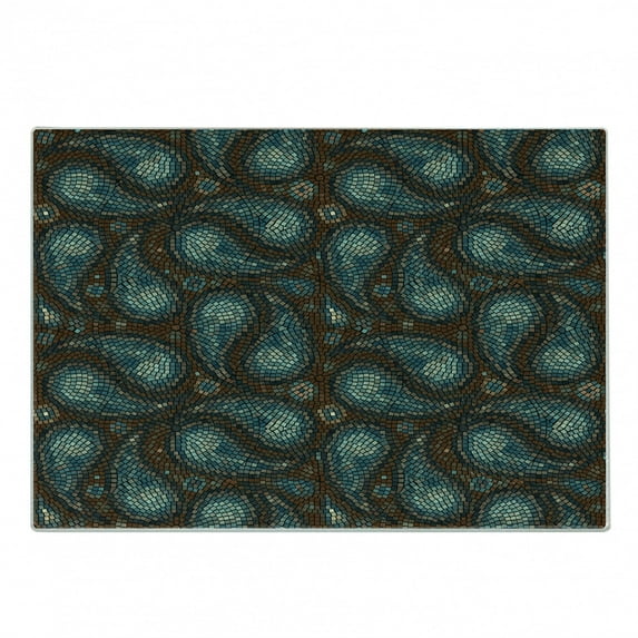 Paisley Cutting Board, Modern Mosaic Like Circled Design with Teardrop Shaped Art Print, Decorative Tempered Glass Cutting and Serving Board, Small Size, Brown Blue and Dark Blue, by Ambesonne
