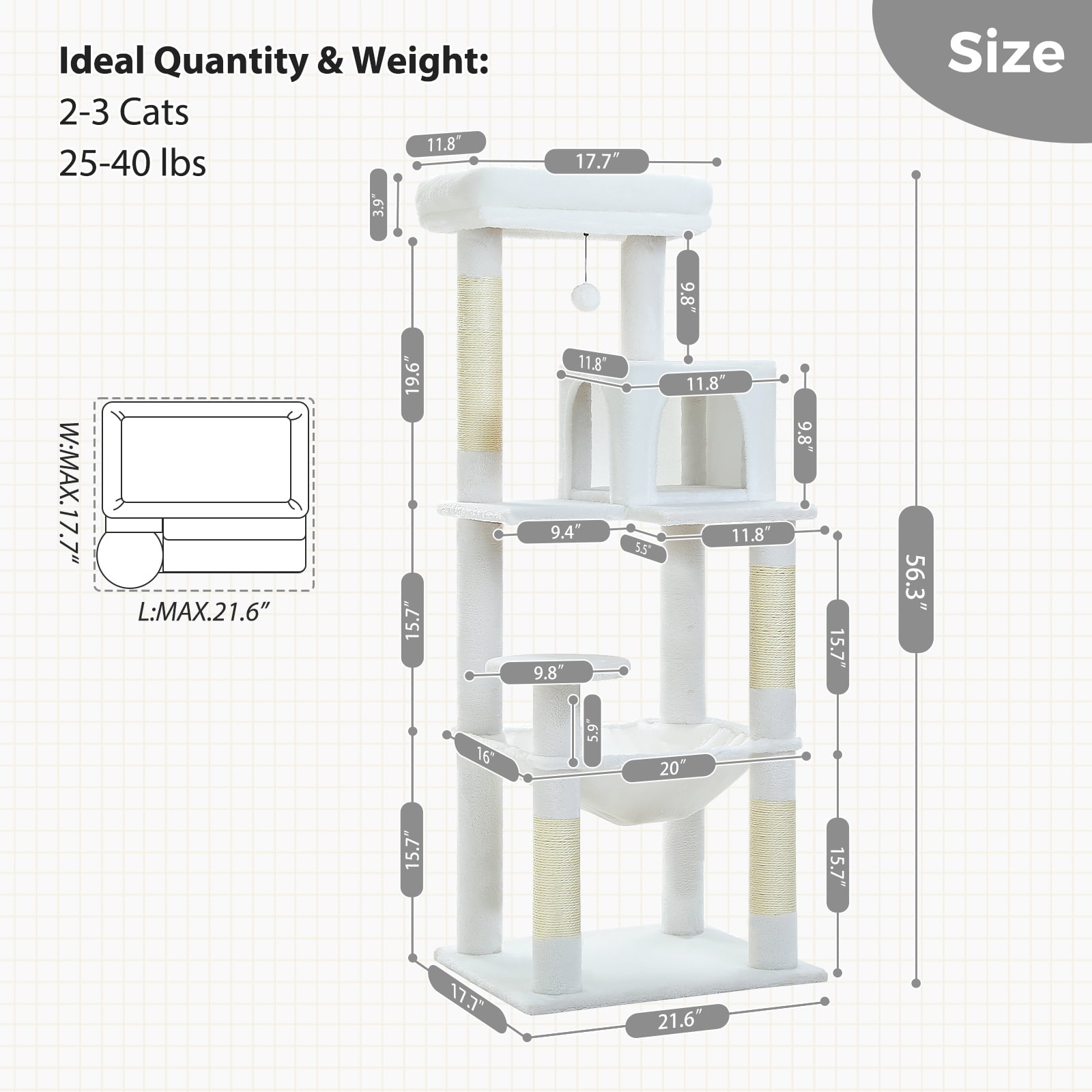 Kadyn 56" Wood Cat Tree Tower for Large Cats, Cat Tree House for Indoor Cats with Cozy Cat Condo, Super Large Hammock and Plush Perches, White