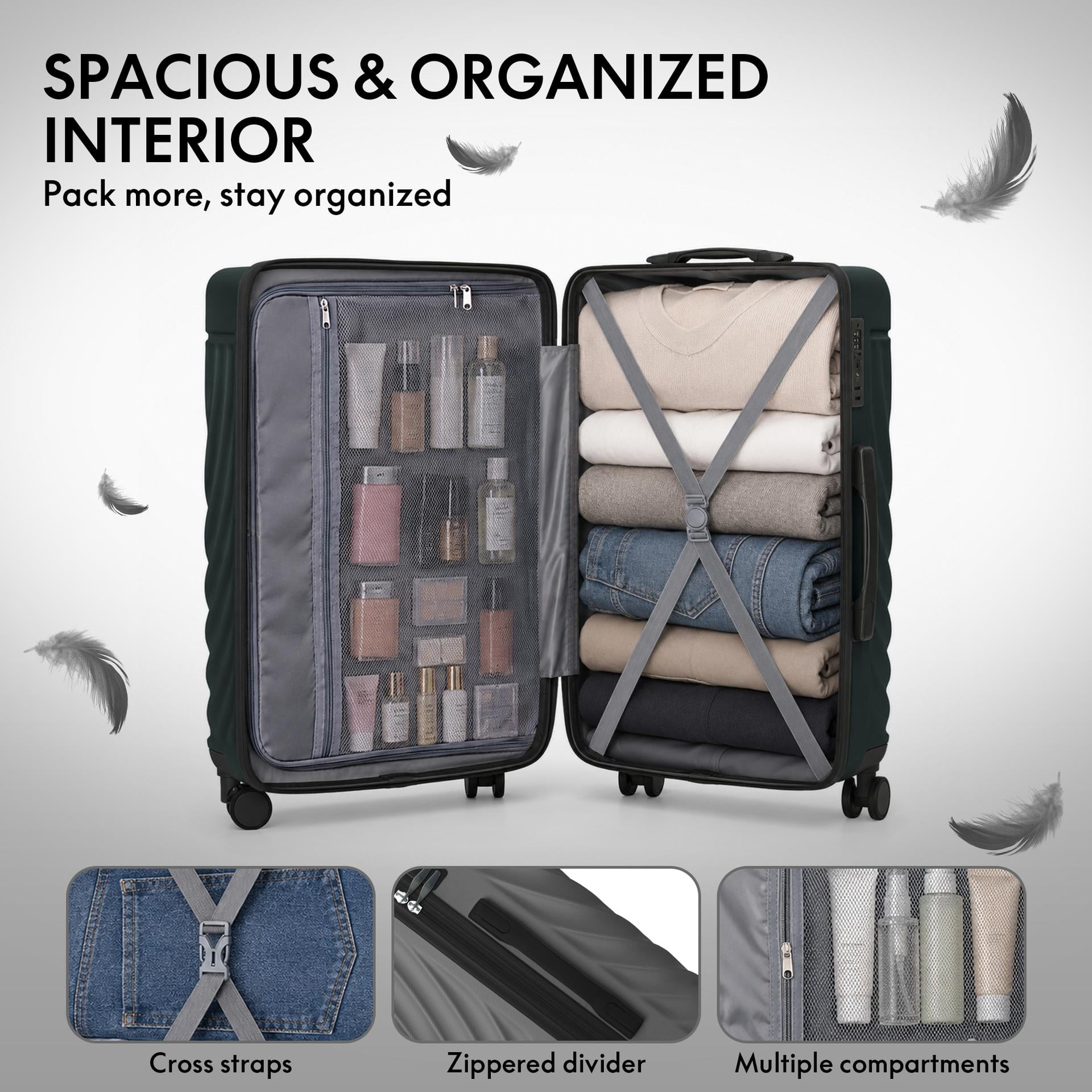 3-Piece ABS Hardshell Luggage Set, Lightweight Durable Suitcases with 4 Silent Spinner Wheels & TSA Lock, Wave-Embossed Scratch-Resistant Shell, 20/24/28 Inch, Dark Green