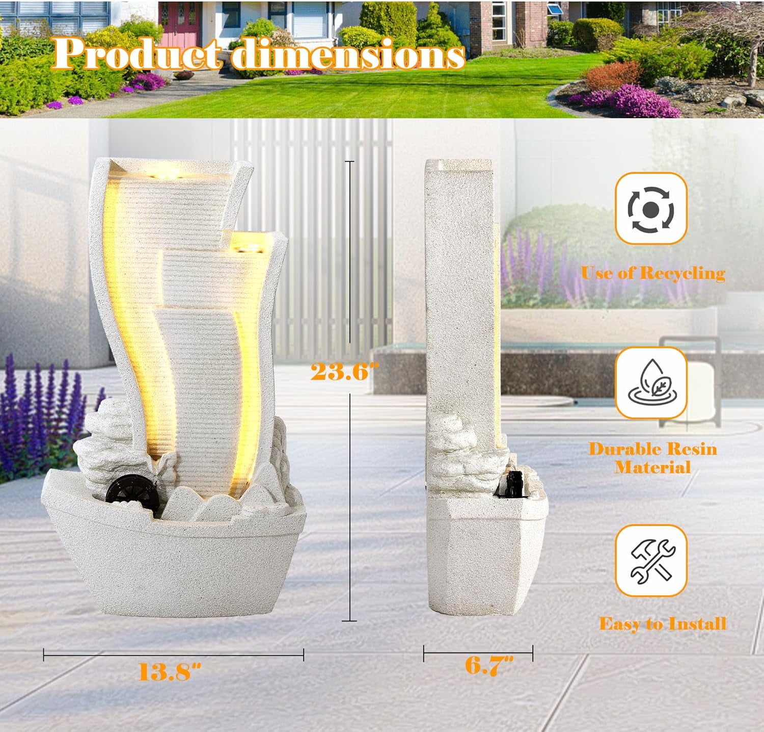 Magic Union 4-Tier Cascading Outdoor Water Fountain, 24" Resin Garden Fountain, Modern Curved Faux Slate Waterfalls Feature with LED Lights, Sailing Ship Water Fountains for Patio Deck Porch, White