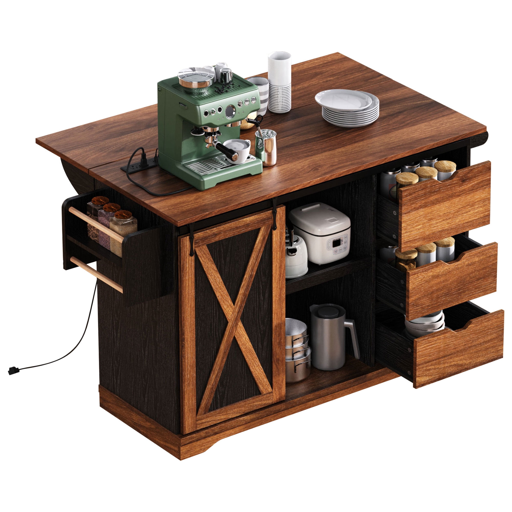 Euroco Farmhouse Kitchen Island with Drop Leaf, Charging Station, Storage Cabinet & Drawers, Rolling Kitchen Cart with Barn Door – 55.5''W