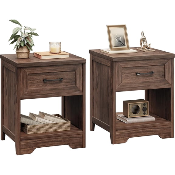 Farmhouse Nightstand Set of 2, Rustic End Tables with Drawer & Open Storage, Wood Bedside Tables for Bedroom & Small Space