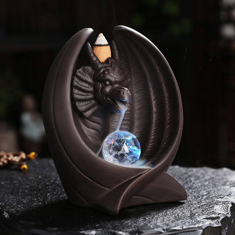 Creative Purple Sand Bat Pterosaur Backflow Incense Burner with LED Light Aromatherapy Furnace Holder Home Craft Ornaments