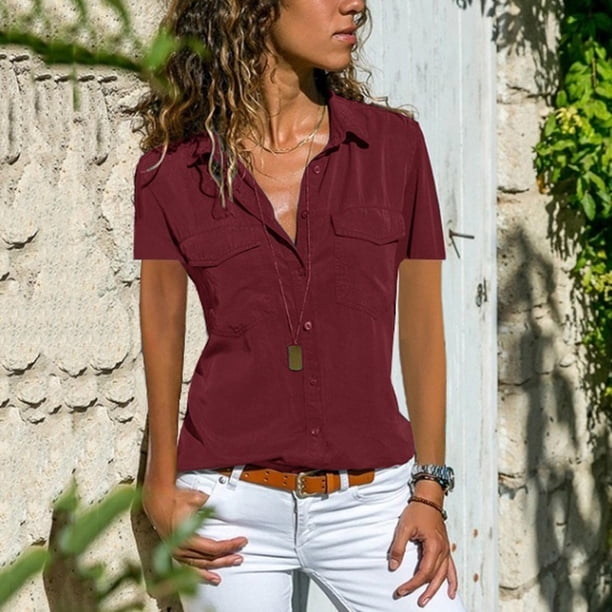Verano y otoño nuevas camisas de mujer solapa camisas de manga corta ropa de mujer MABOTO Redwine M