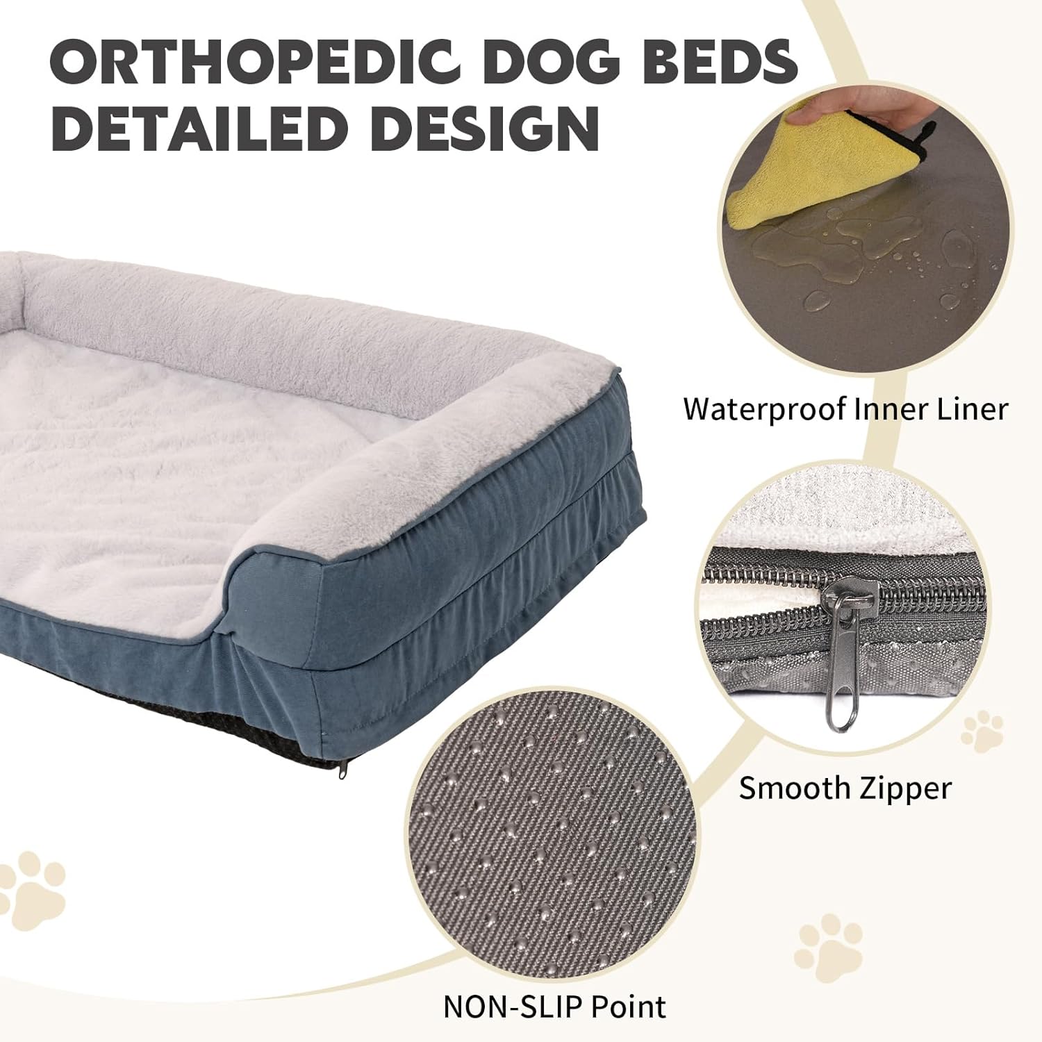 Dog Bed Waterproof Medium/Large Sized XL Foam Pet Beds Removable Washable Cover Dog Sofa Egg Crate Foam Support with Zipper Bottom Bolster Deluxe Plush Mat (Blue + White+33x25x7.8in)
